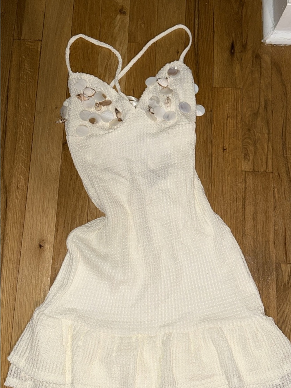 White Textured Spaghetti-Strap Dress with Shell Embellishments NWOT